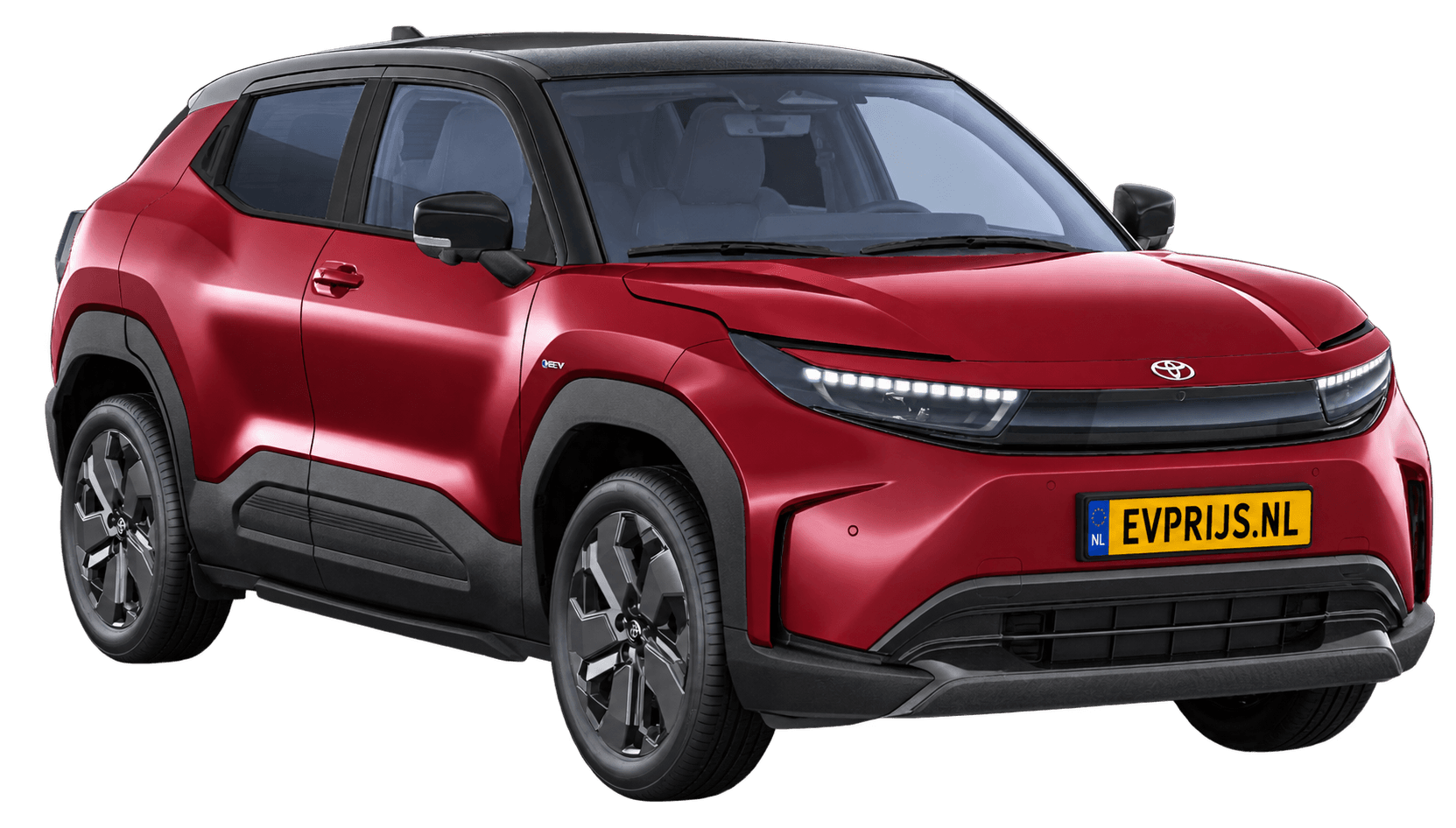 AI-bewerking (Imagegen) van officiële Toyota-configuratorrender: Toyota Urban Cruiser voor-/zijaanzicht in Opulent Red met zwart dak (configuratorrender Executive 61 kWh (174pk) FWD, aanzicht 3); velgen en details kunnen per uitvoering afwijken, beeld 11