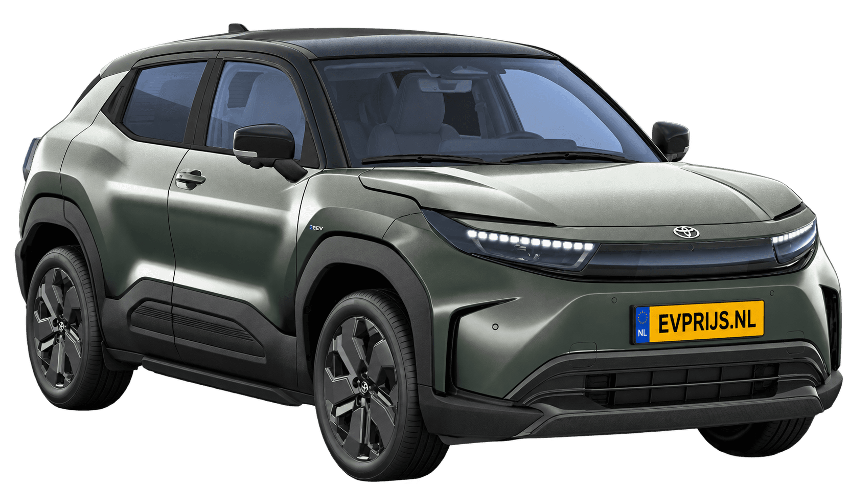 AI-bewerking (Imagegen) van officiële Toyota-configuratorrender: Toyota Urban Cruiser voor-/zijaanzicht in Land Breeze Green (WA1) met zwart dak (configuratorrender Executive 61 kWh (174pk) FWD, aanzicht 3); velgen en details kunnen per uitvoering afwijken, beeld 10