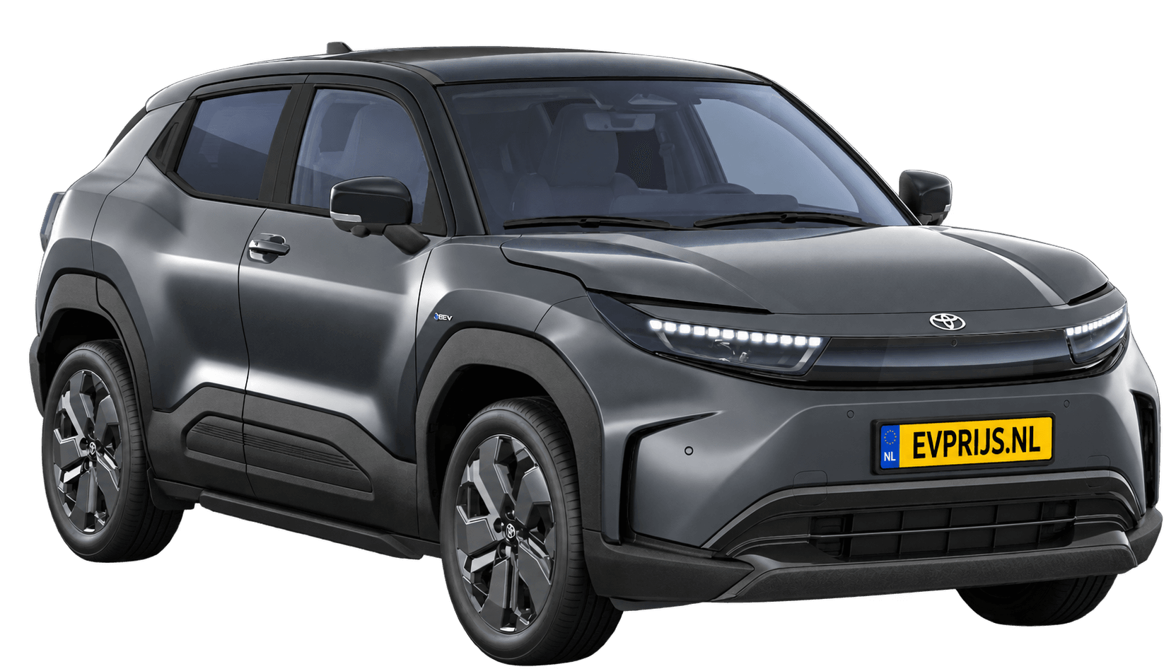 AI-bewerking (Imagegen) van officiële Toyota-configuratorrender: Toyota Urban Cruiser voor-/zijaanzicht in Grandeur Grey (WBF) met zwart dak (configuratorrender Executive 61 kWh (174pk) FWD, aanzicht 3); velgen en details kunnen per uitvoering afwijken, beeld 9