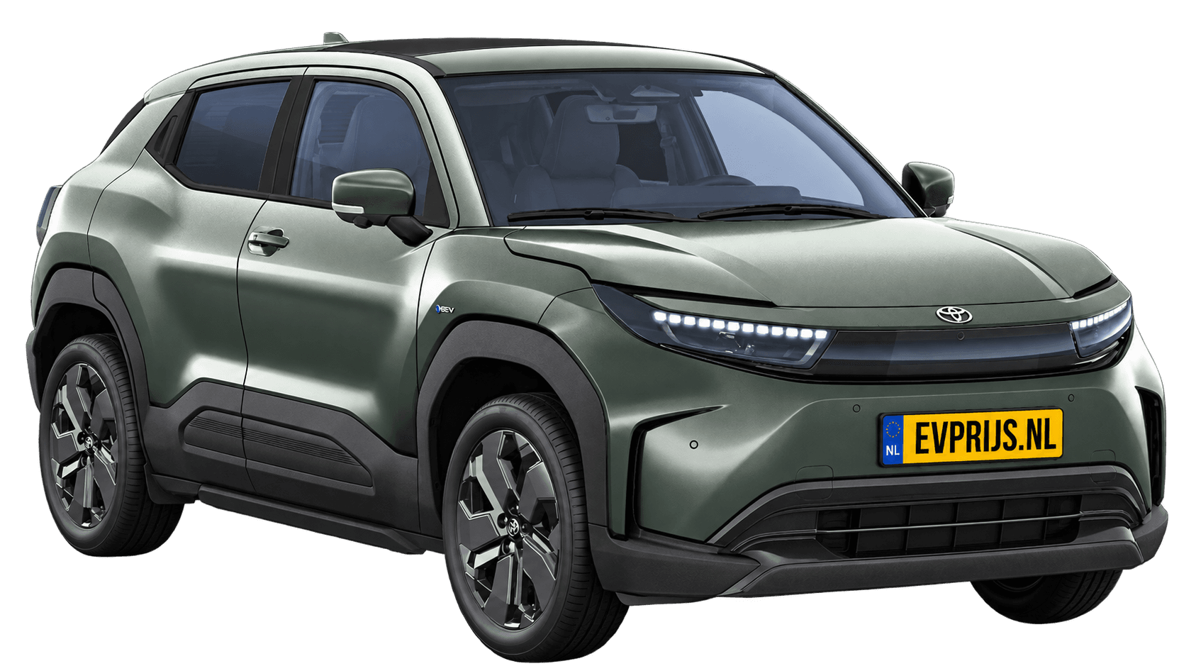 AI-bewerking (Imagegen) van officiële Toyota-configuratorrender: Toyota Urban Cruiser voor-/zijaanzicht in Land Breeze Green (configuratorrender Executive 61 kWh (174pk) FWD, aanzicht 3); velgen en details kunnen per uitvoering afwijken, beeld 5