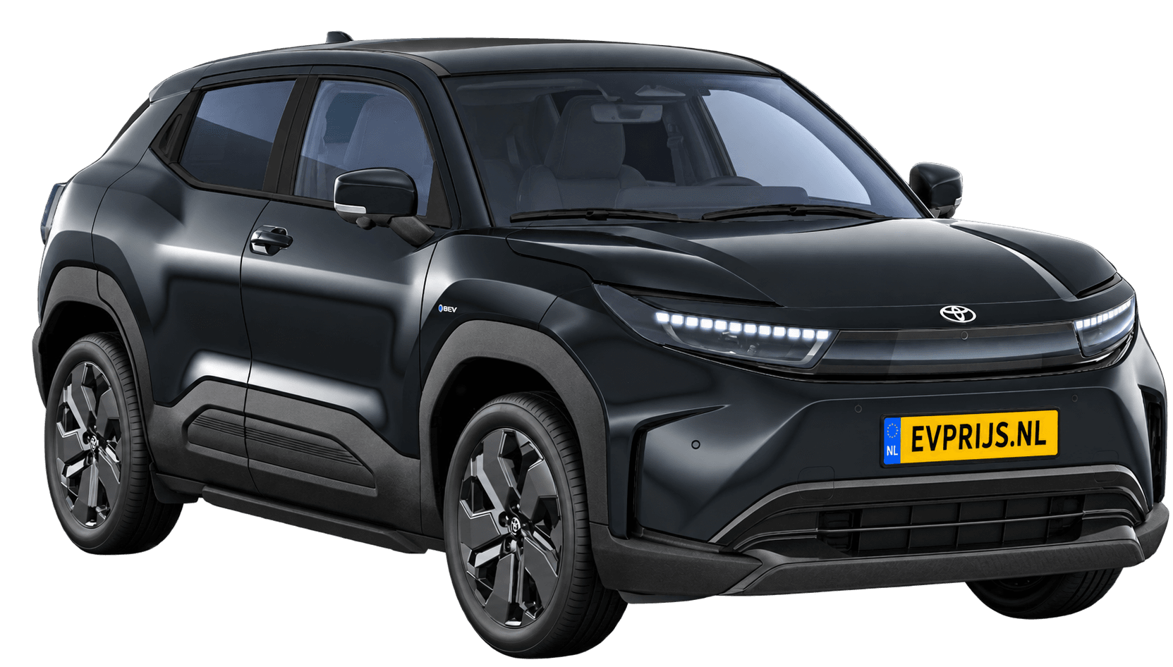 AI-bewerking (Imagegen) van officiële Toyota-configuratorrender: Toyota Urban Cruiser voor-/zijaanzicht in Bluish Black (configuratorrender Executive 61 kWh (174pk) FWD, aanzicht 3); velgen en details kunnen per uitvoering afwijken, beeld 6