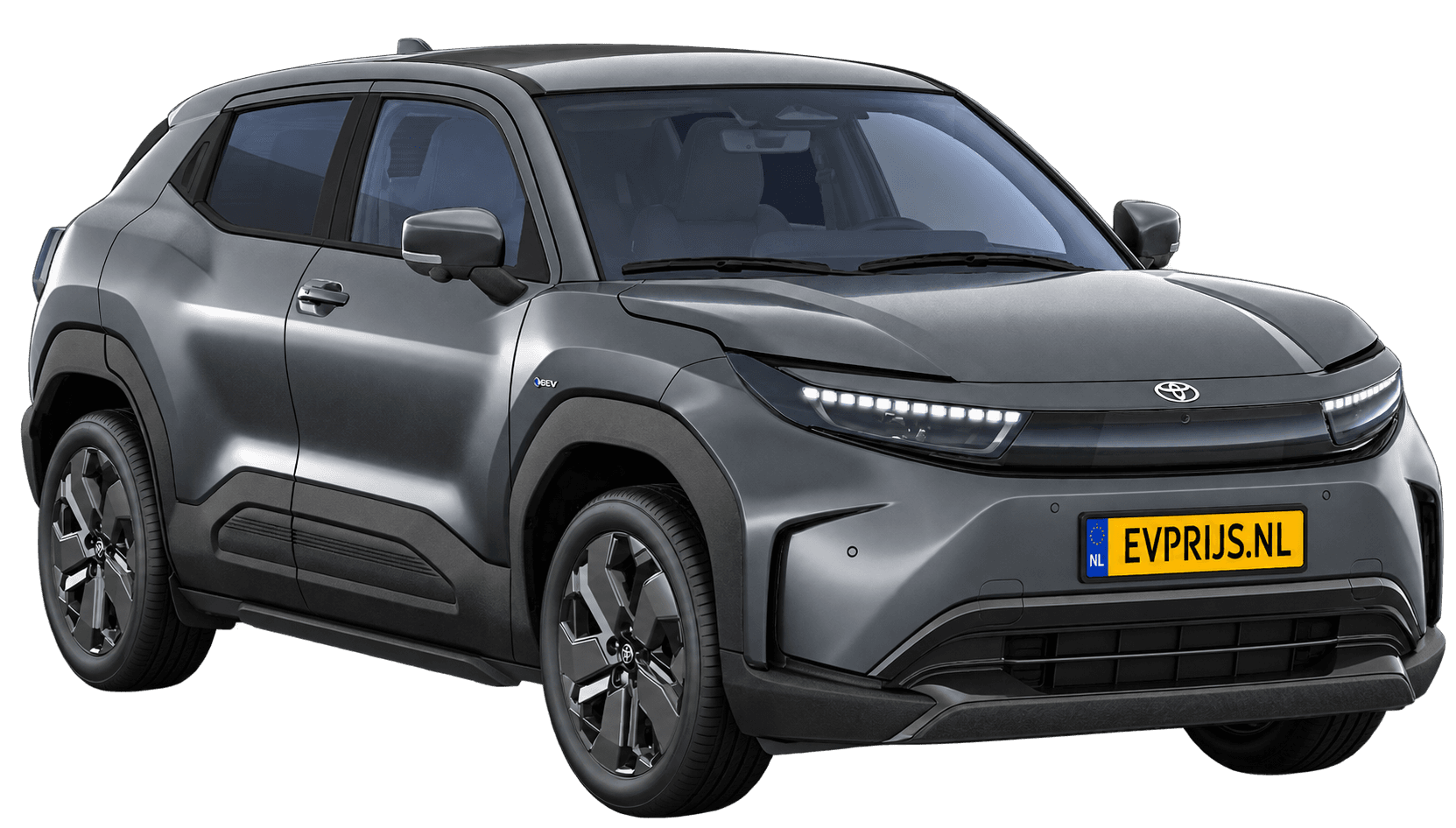 AI-bewerking (Imagegen) van officiële Toyota-configuratorrender: Toyota Urban Cruiser voor-/zijaanzicht in Grandeur Grey (configuratorrender Executive 61 kWh (174pk) FWD, aanzicht 3); velgen en details kunnen per uitvoering afwijken, beeld 4