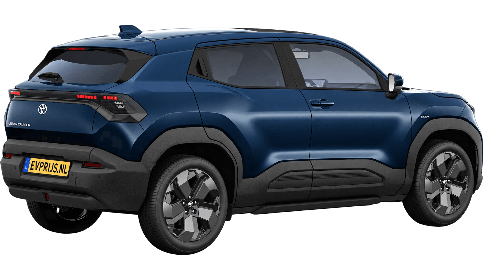 AI-bewerking (Imagegen) van officiële Toyota-configuratorrender: Toyota Urban Cruiser achter-/zijaanzicht in Celestial Blue (configuratorrender Executive 61 kWh (174pk) FWD, aanzicht 13); velgen en details kunnen per uitvoering afwijken, beeld 2