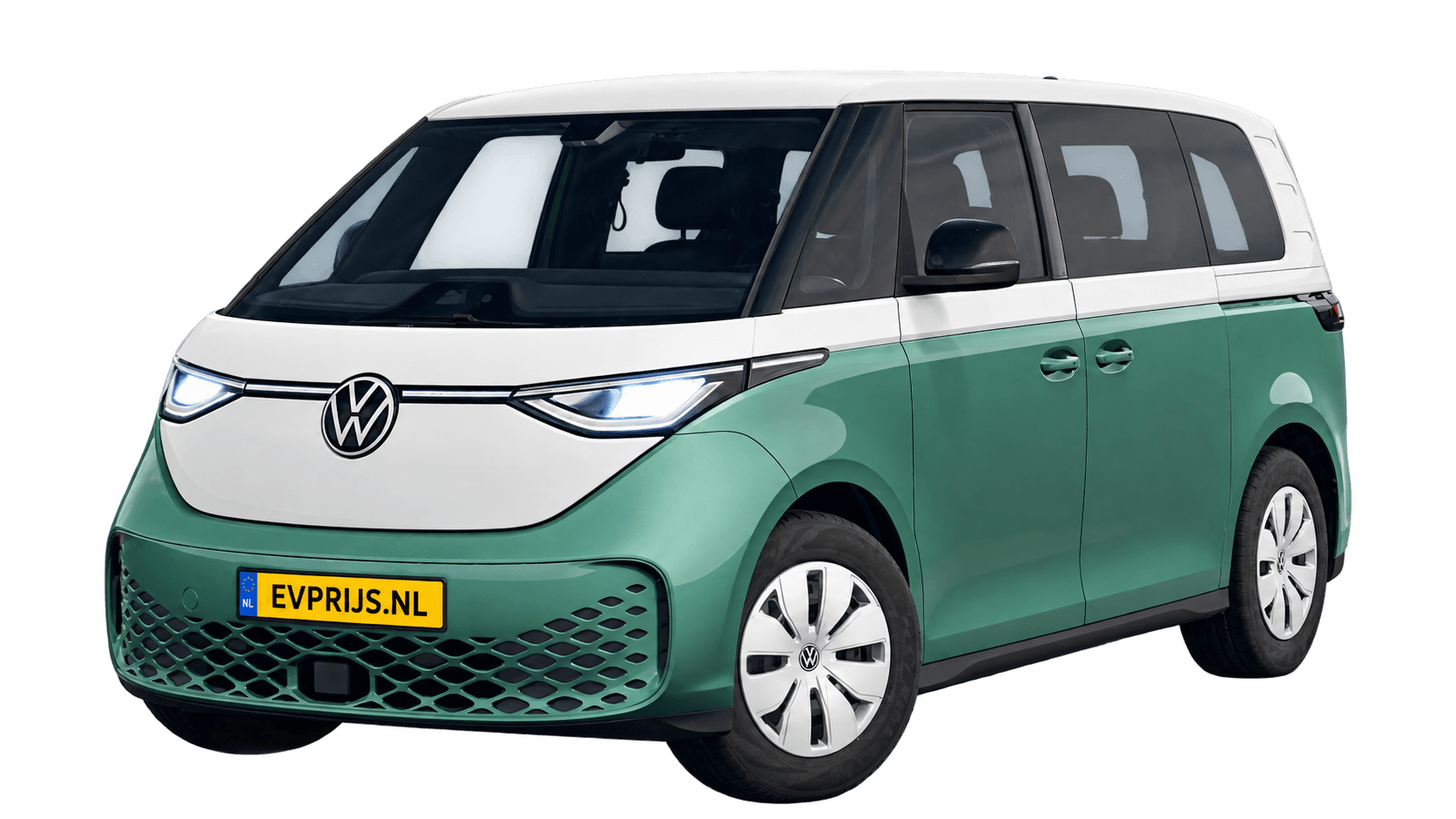 ID. Buzz Pure Limited Edition 58 kWh · Candy White/Bay Leaf Green Metallic · voor/zijaanzicht (AI-bewerking; kleine randresten), beeld 2
