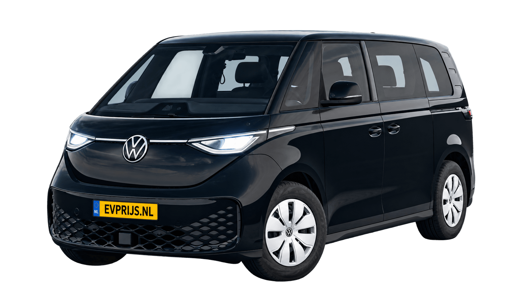ID. Buzz Pure Limited Edition 58 kWh · Grenadilla Black Metallic · voor/zijaanzicht (AI-bewerking; kleine randresten), beeld 5