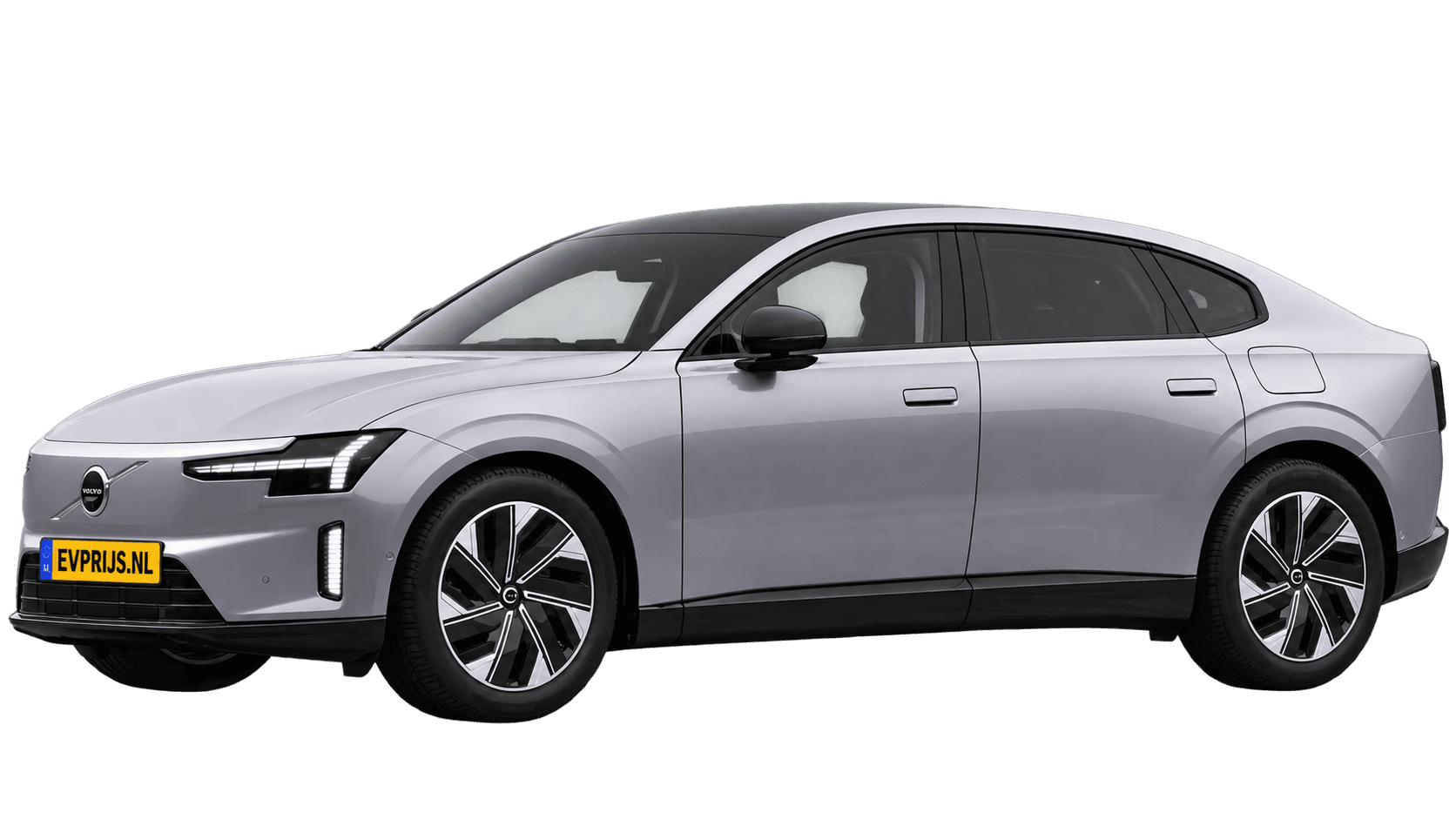 AI-bewerking (Imagegen) van officiële Volvo-configuratorrender: ES90 voor-/zijaanzicht in Aurora Silver (Nederlandse configurator, standaardconfiguratie Core Single Motor Extended Range); uitvoering en velgen kunnen afwijken, beeld 3