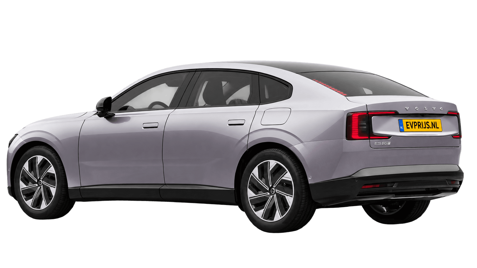 AI-bewerking (Imagegen) van officiële Volvo-configuratorrender: ES90 achter-/zijaanzicht in Aurora Silver (Nederlandse configurator, standaardconfiguratie Core Single Motor Extended Range); uitvoering en velgen kunnen afwijken, beeld 4