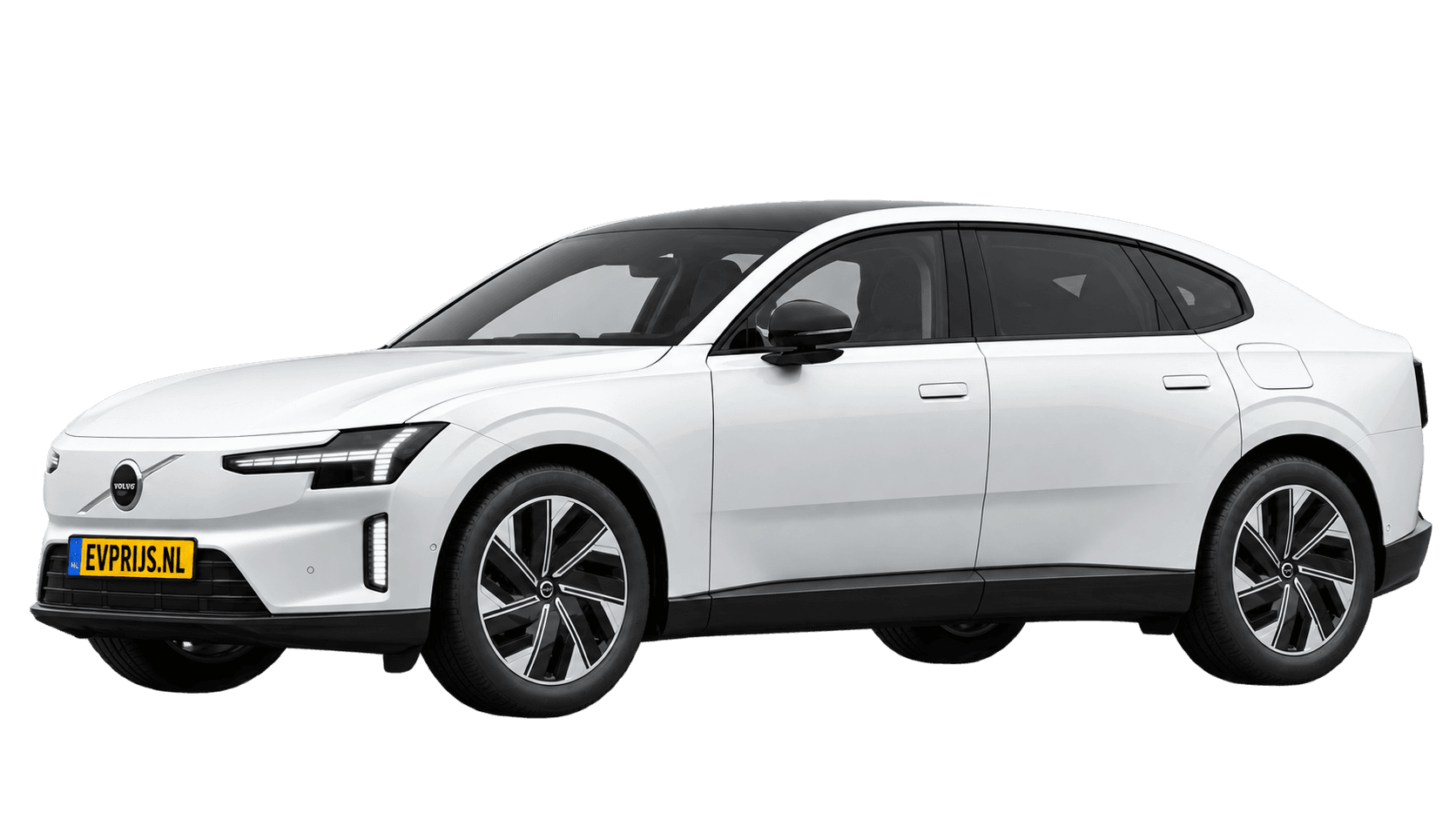 AI-bewerking (Imagegen) van officiële Volvo-configuratorrender: ES90 voor-/zijaanzicht in Crystal White (Nederlandse configurator, standaardconfiguratie Core Single Motor Extended Range); uitvoering en velgen kunnen afwijken, beeld 5