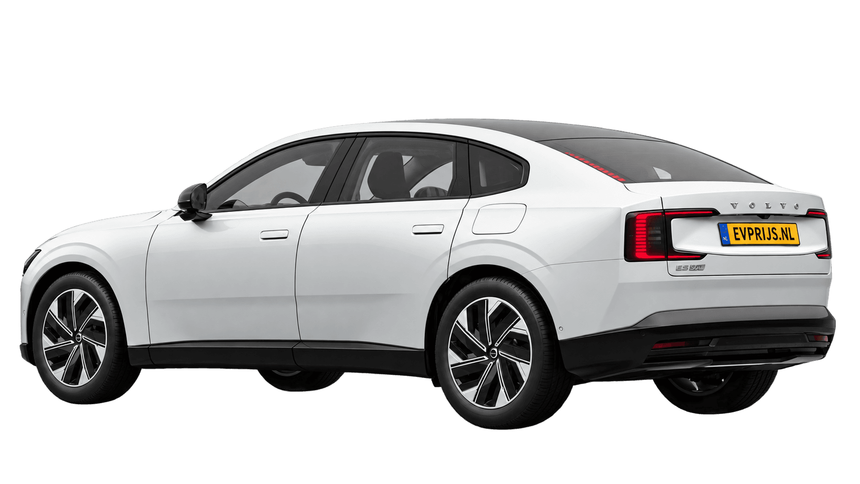 AI-bewerking (Imagegen) van officiële Volvo-configuratorrender: ES90 achter-/zijaanzicht in Crystal White (Nederlandse configurator, standaardconfiguratie Core Single Motor Extended Range); uitvoering en velgen kunnen afwijken, beeld 6