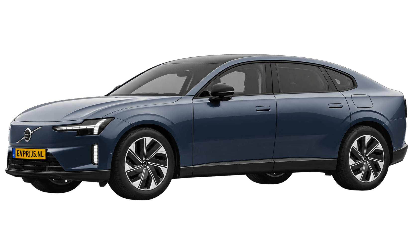 AI-bewerking (Imagegen) van officiële Volvo-configuratorrender: ES90 voor-/zijaanzicht in Denim Blue (Nederlandse configurator, standaardconfiguratie Core Single Motor Extended Range); uitvoering en velgen kunnen afwijken, beeld 7