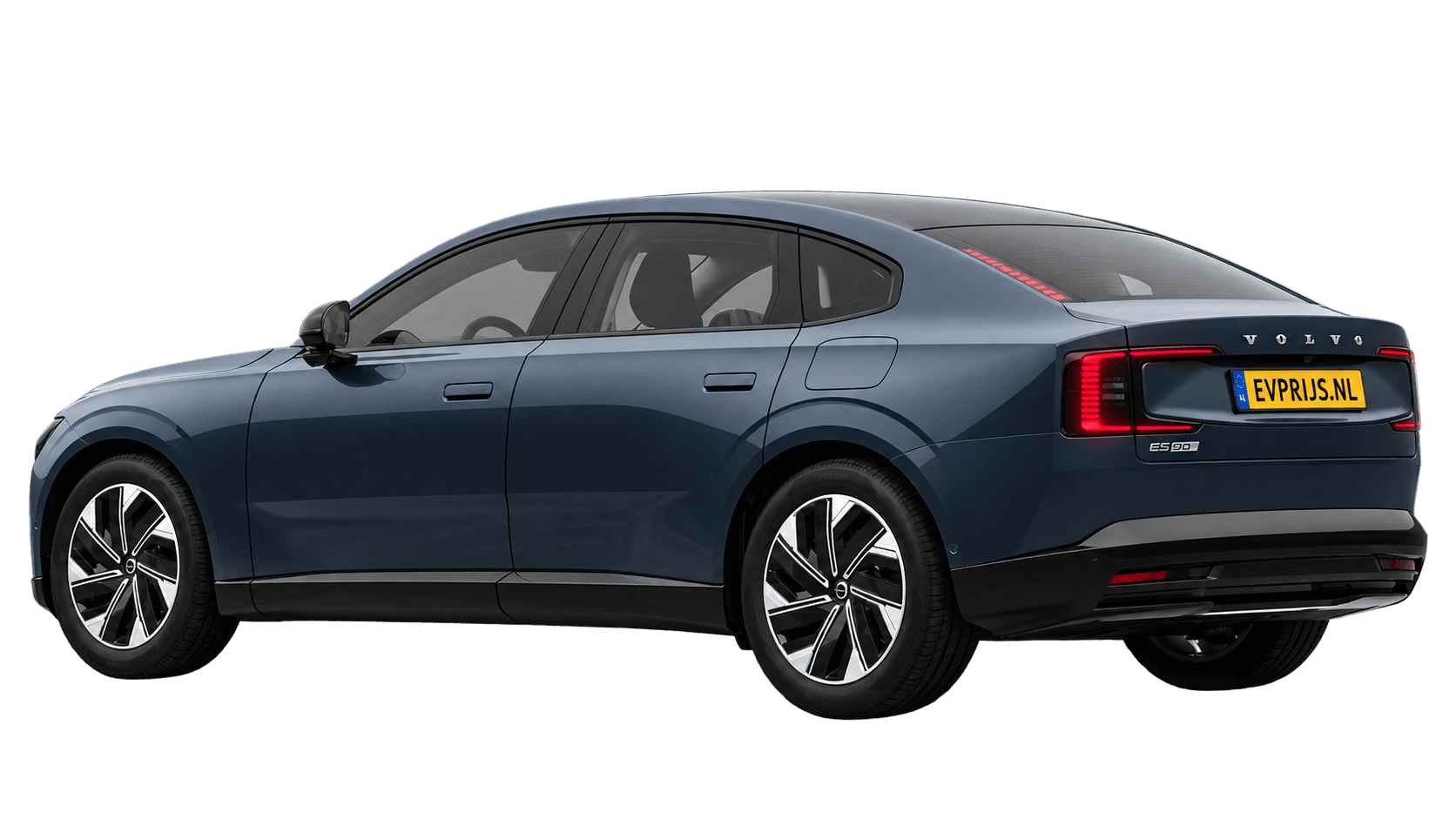 AI-bewerking (Imagegen) van officiële Volvo-configuratorrender: ES90 achter-/zijaanzicht in Denim Blue (Nederlandse configurator, standaardconfiguratie Core Single Motor Extended Range); uitvoering en velgen kunnen afwijken, beeld 8