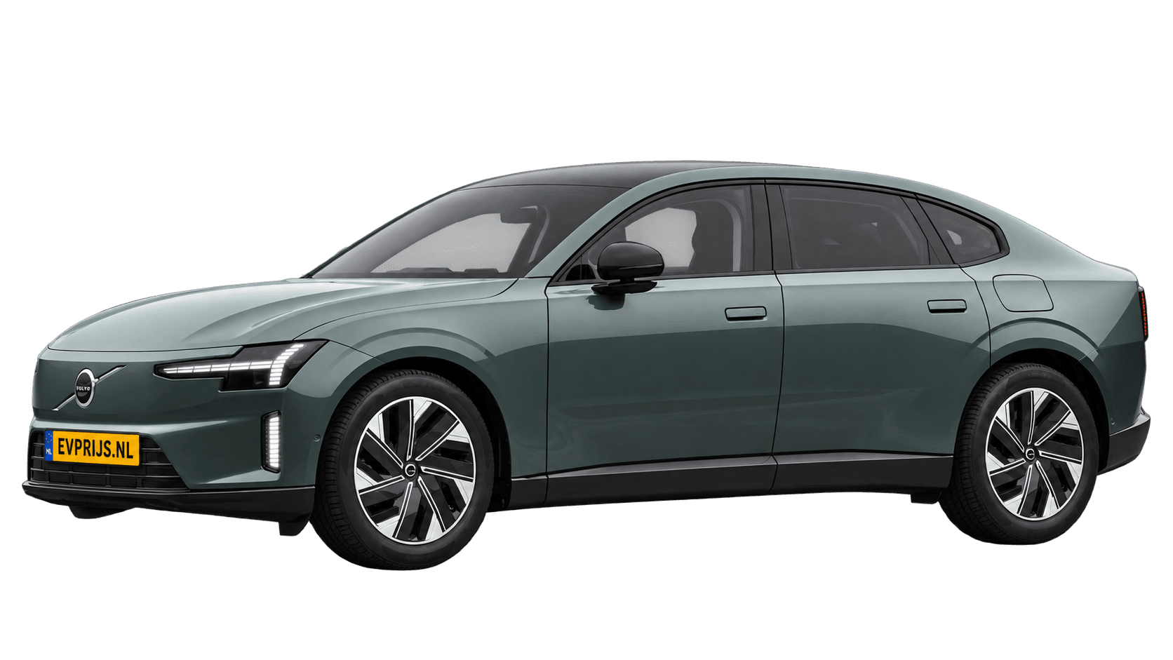 AI-bewerking (Imagegen) van officiële Volvo-configuratorrender: ES90 voor-/zijaanzicht in Forest Lake (Nederlandse configurator, standaardconfiguratie Core Single Motor Extended Range); uitvoering en velgen kunnen afwijken, beeld 9