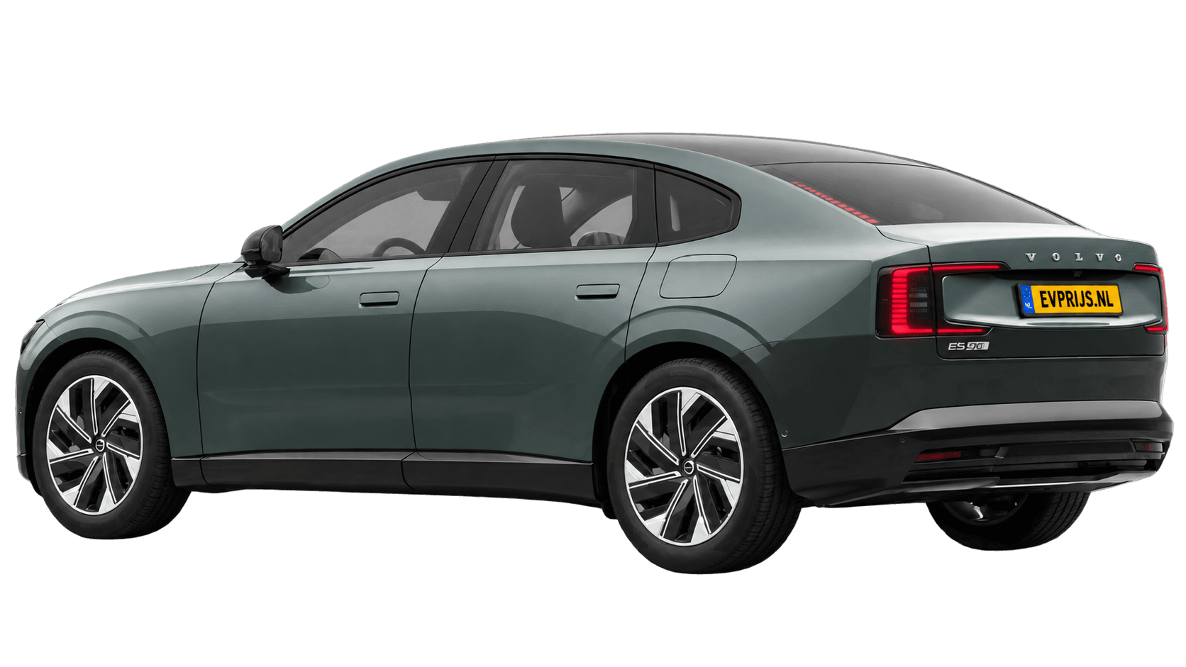 AI-bewerking (Imagegen) van officiële Volvo-configuratorrender: ES90 achter-/zijaanzicht in Forest Lake (Nederlandse configurator, standaardconfiguratie Core Single Motor Extended Range); uitvoering en velgen kunnen afwijken, beeld 10