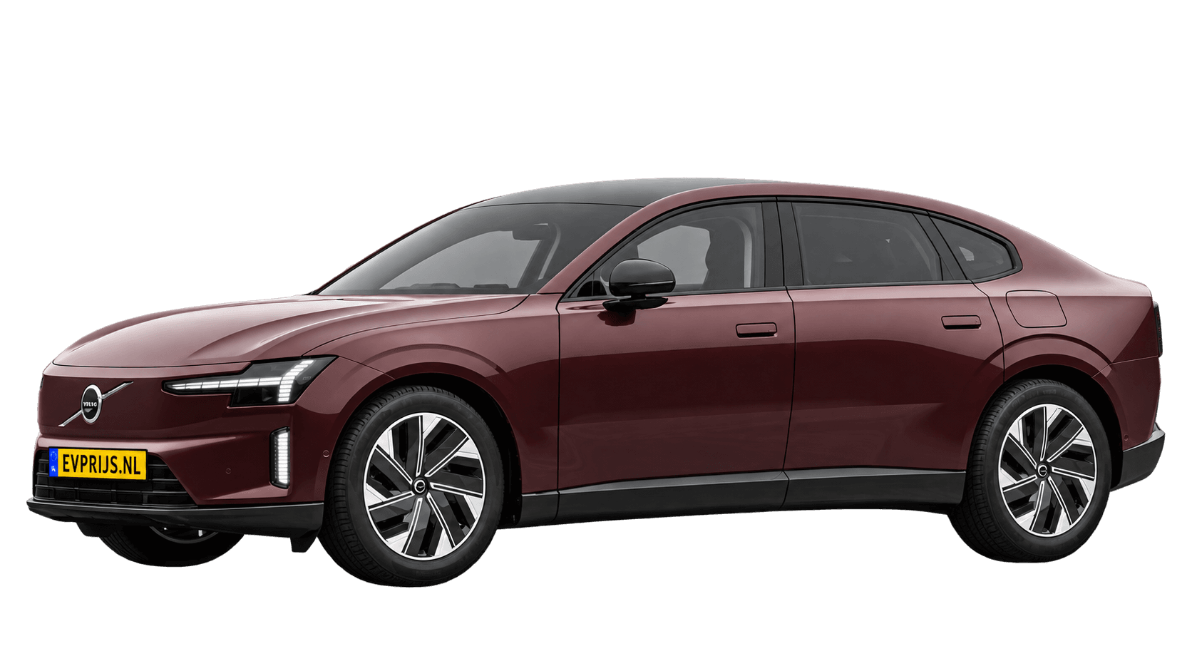 AI-bewerking (Imagegen) van officiële Volvo-configuratorrender: ES90 voor-/zijaanzicht in Mulberry Red (Nederlandse configurator, standaardconfiguratie Core Single Motor Extended Range); kleurverzadiging kan afwijken; uitvoering en velgen kunnen afwijken, beeld 11
