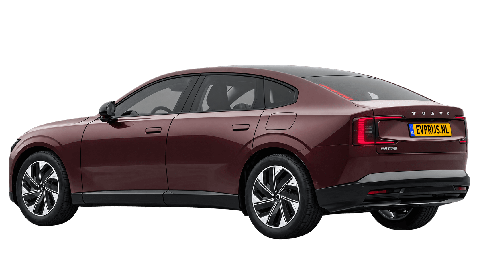 AI-bewerking (Imagegen) van officiële Volvo-configuratorrender: ES90 achter-/zijaanzicht in Mulberry Red (Nederlandse configurator, standaardconfiguratie Core Single Motor Extended Range); uitvoering en velgen kunnen afwijken, beeld 12