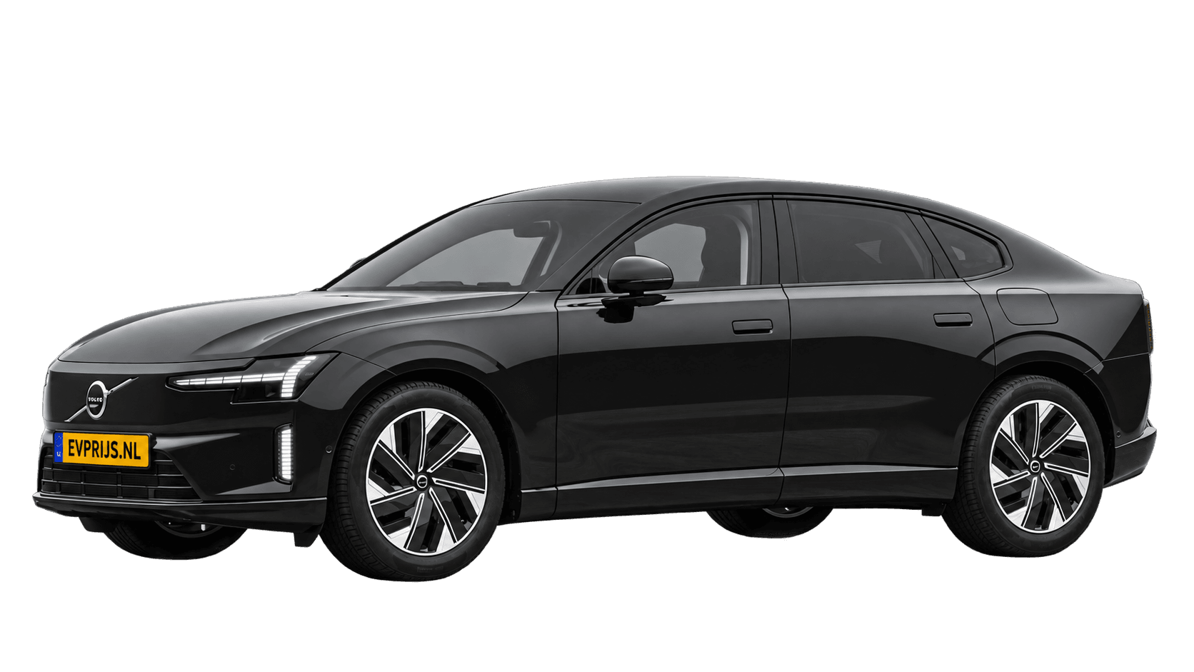 AI-bewerking (Imagegen) van officiële Volvo-configuratorrender: ES90 voor-/zijaanzicht in Onyx Black (Nederlandse configurator, standaardconfiguratie Core Single Motor Extended Range); uitvoering en velgen kunnen afwijken, beeld 13