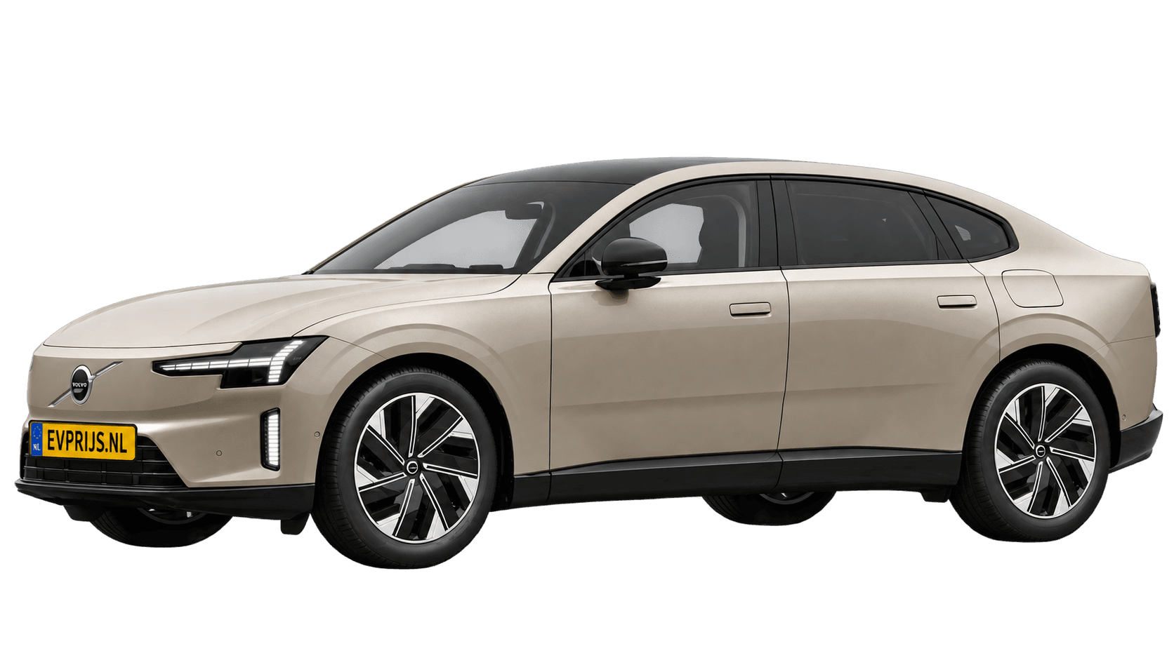 AI-bewerking (Imagegen) van officiële Volvo-configuratorrender: ES90 voor-/zijaanzicht in Sand Dune (Nederlandse configurator, standaardconfiguratie Core Single Motor Extended Range); kleurverzadiging kan afwijken; uitvoering en velgen kunnen afwijken, beeld 15
