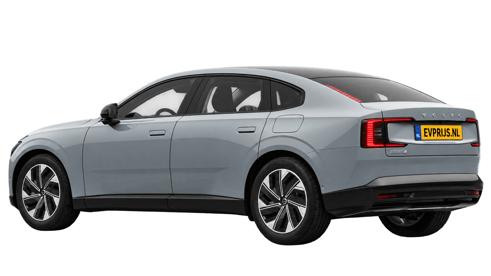 AI-bewerking (Imagegen) van officiële Volvo-configuratorrender: ES90 achter-/zijaanzicht in Vapour Grey (Nederlandse configurator, standaardconfiguratie Core Single Motor Extended Range); uitvoering en velgen kunnen afwijken, beeld 2