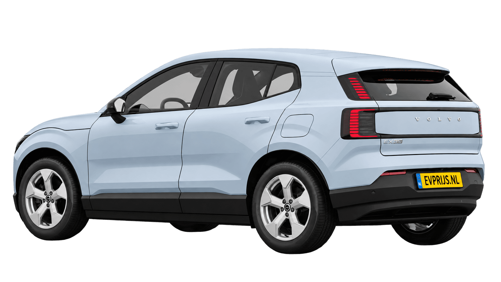 AI-bewerking (Imagegen) van officiële Volvo-configuratorrender: EX30 achter-/zijaanzicht in Cloud Blue (Nederlandse configurator, standaardconfiguratie Essential P3); uitvoering en velgen kunnen afwijken, beeld 2