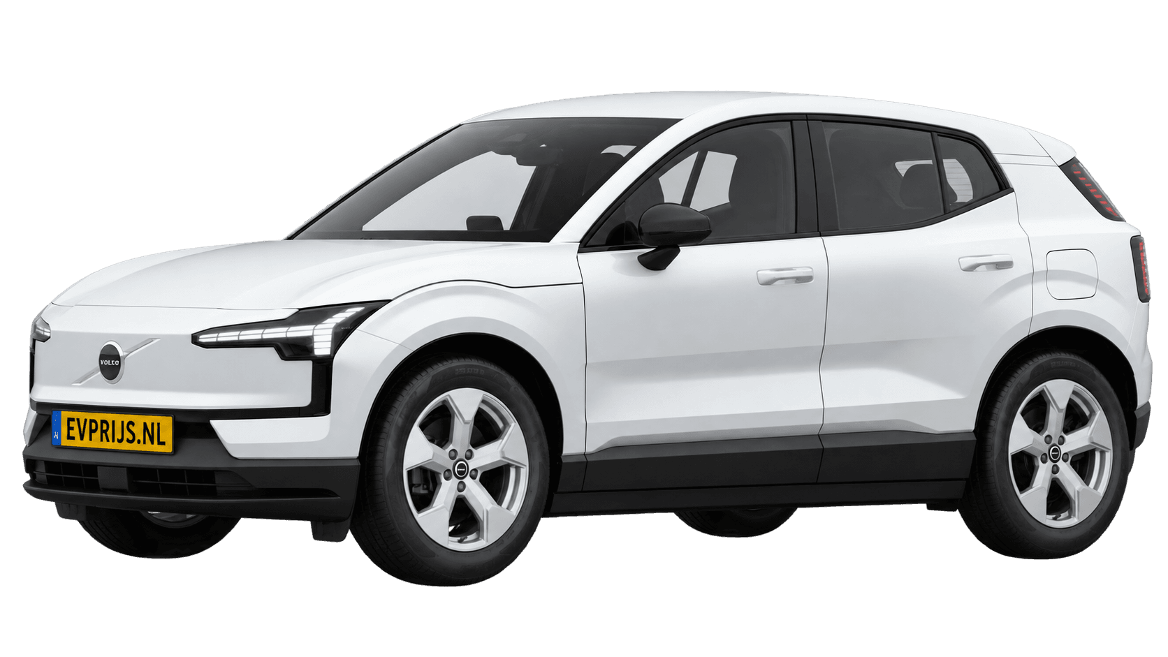AI-bewerking (Imagegen) van officiële Volvo-configuratorrender: EX30 voor-/zijaanzicht in Crystal White (Nederlandse configurator, standaardconfiguratie Essential P3); uitvoering en velgen kunnen afwijken, beeld 3