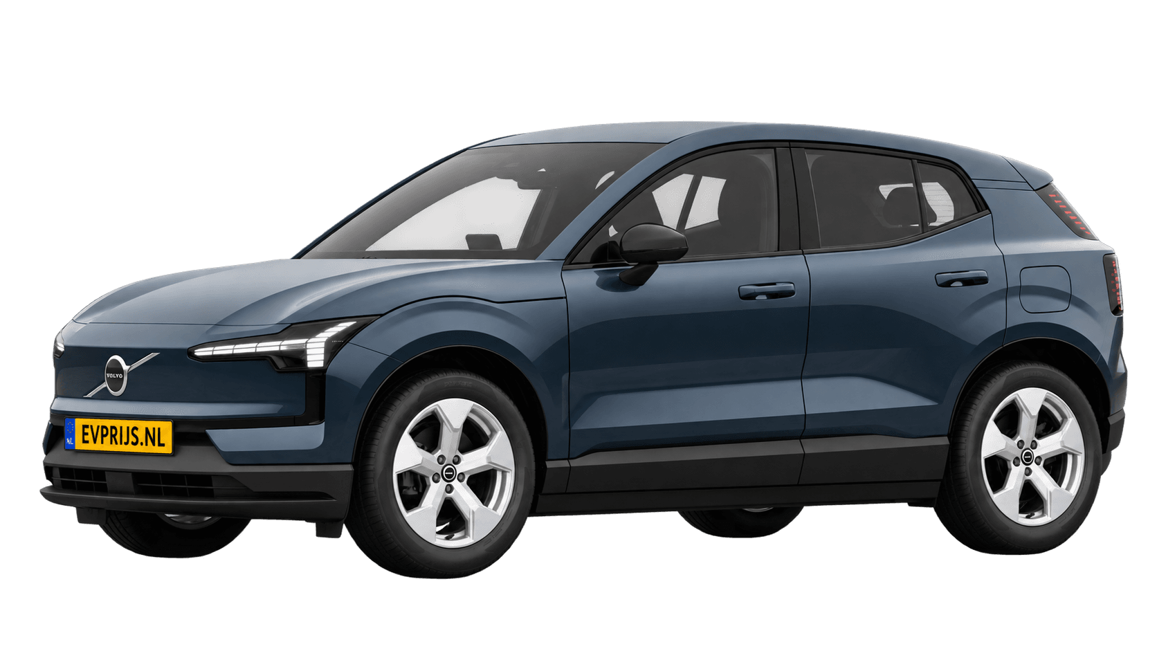 AI-bewerking (Imagegen) van officiële Volvo-configuratorrender: EX30 voor-/zijaanzicht in Denim Blue (Nederlandse configurator, standaardconfiguratie Essential P3); uitvoering en velgen kunnen afwijken, beeld 5