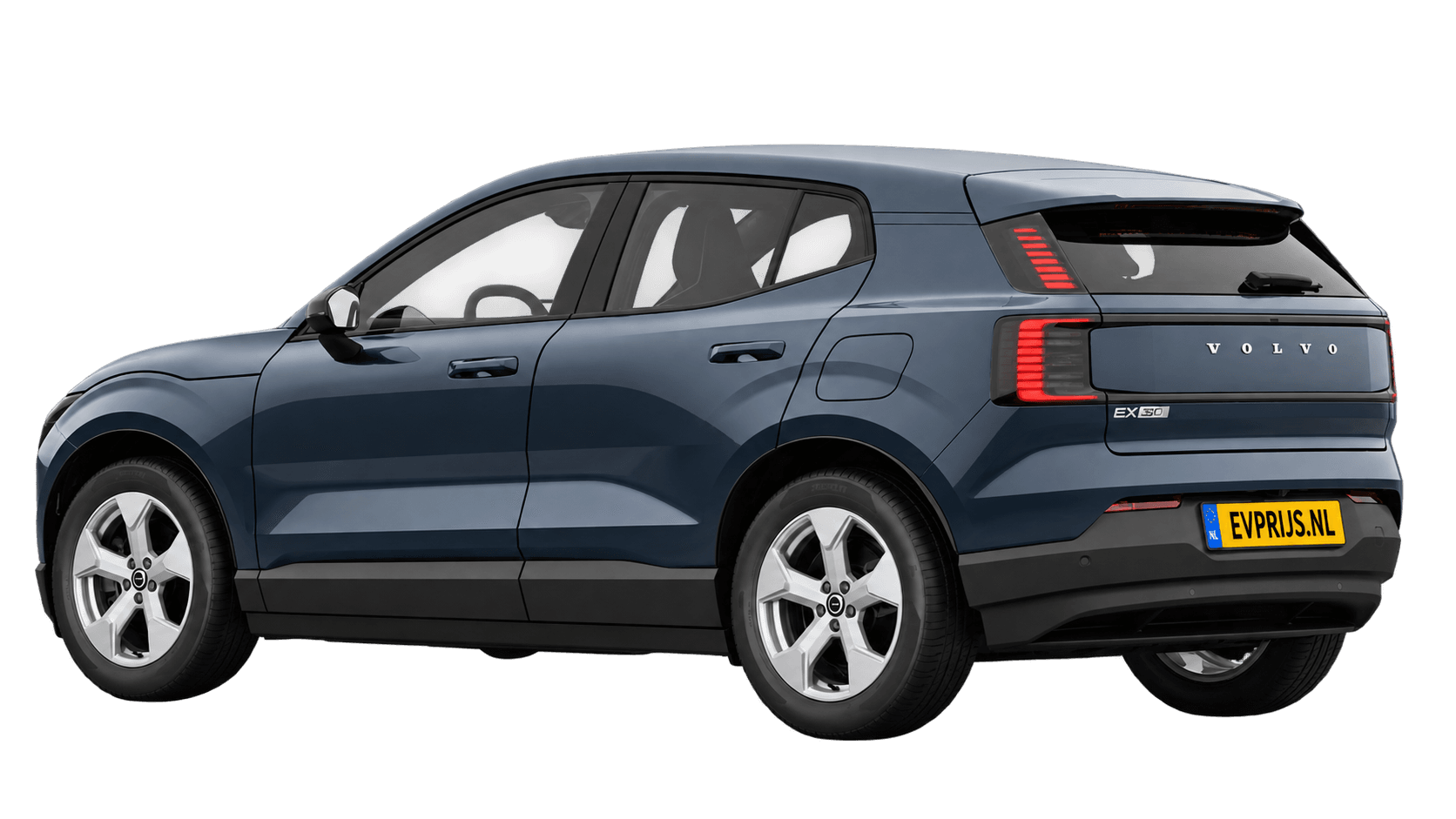 AI-bewerking (Imagegen) van officiële Volvo-configuratorrender: EX30 achter-/zijaanzicht in Denim Blue (Nederlandse configurator, standaardconfiguratie Essential P3); uitvoering en velgen kunnen afwijken, beeld 6