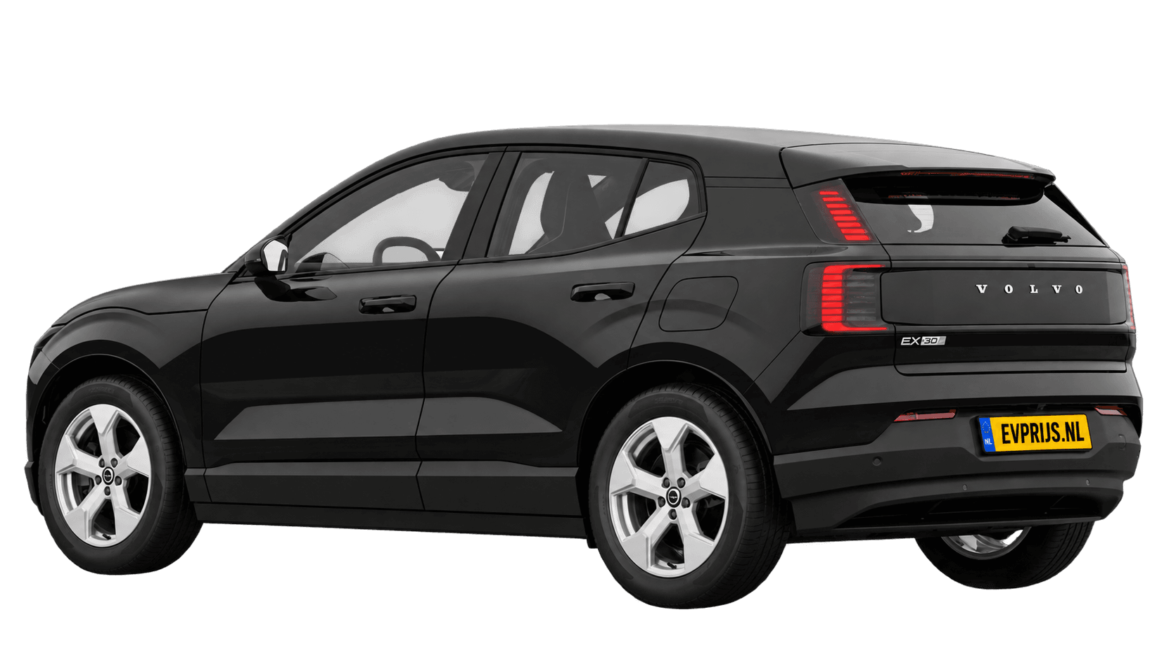 AI-bewerking (Imagegen) van officiële Volvo-configuratorrender: EX30 achter-/zijaanzicht in Onyx Black (Nederlandse configurator, standaardconfiguratie Essential P3); uitvoering en velgen kunnen afwijken, beeld 8