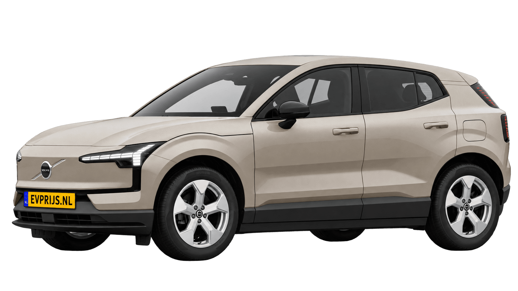 AI-bewerking (Imagegen) van officiële Volvo-configuratorrender: EX30 voor-/zijaanzicht in Sand Dune (Nederlandse configurator, standaardconfiguratie Essential P3); uitvoering en velgen kunnen afwijken, beeld 9