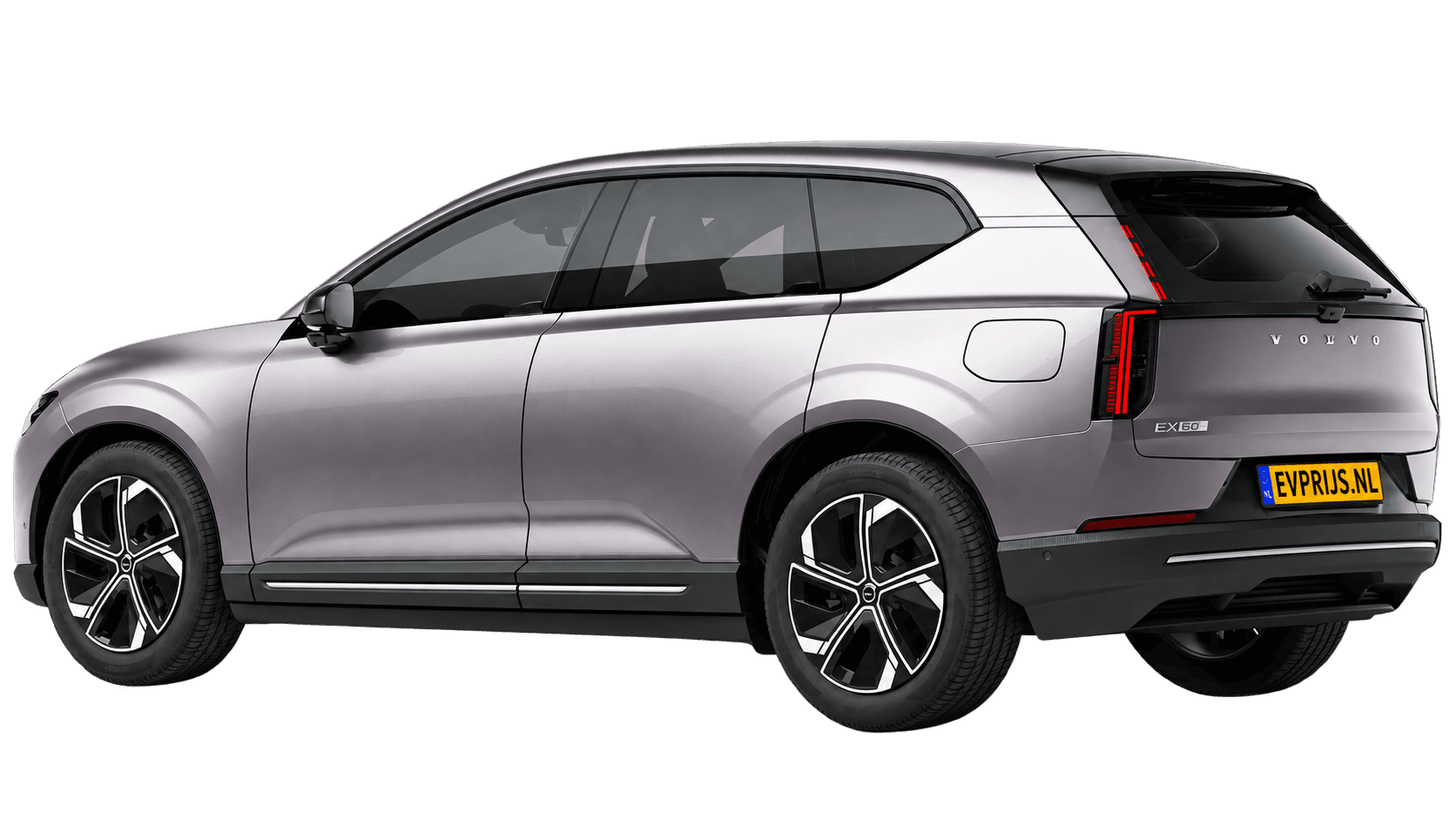 AI-bewerking (Imagegen) van officiële Volvo-configuratorrender: EX60 achter-/zijaanzicht in Aurora Silver (Nederlandse configurator, standaardconfiguratie Plus P6); uitvoering en velgen kunnen afwijken, beeld 4