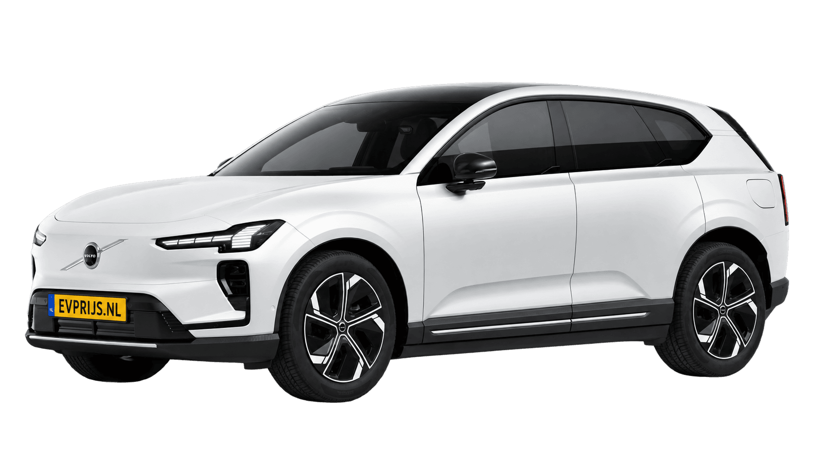 AI-bewerking (Imagegen) van officiële Volvo-configuratorrender: EX60 voor-/zijaanzicht in Crystal White (Nederlandse configurator, standaardconfiguratie Plus P6); uitvoering en velgen kunnen afwijken, beeld 5