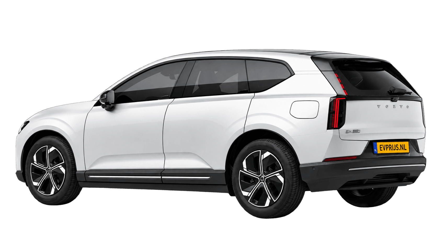 AI-bewerking (Imagegen) van officiële Volvo-configuratorrender: EX60 achter-/zijaanzicht in Crystal White (Nederlandse configurator, standaardconfiguratie Plus P6); uitvoering en velgen kunnen afwijken, beeld 6