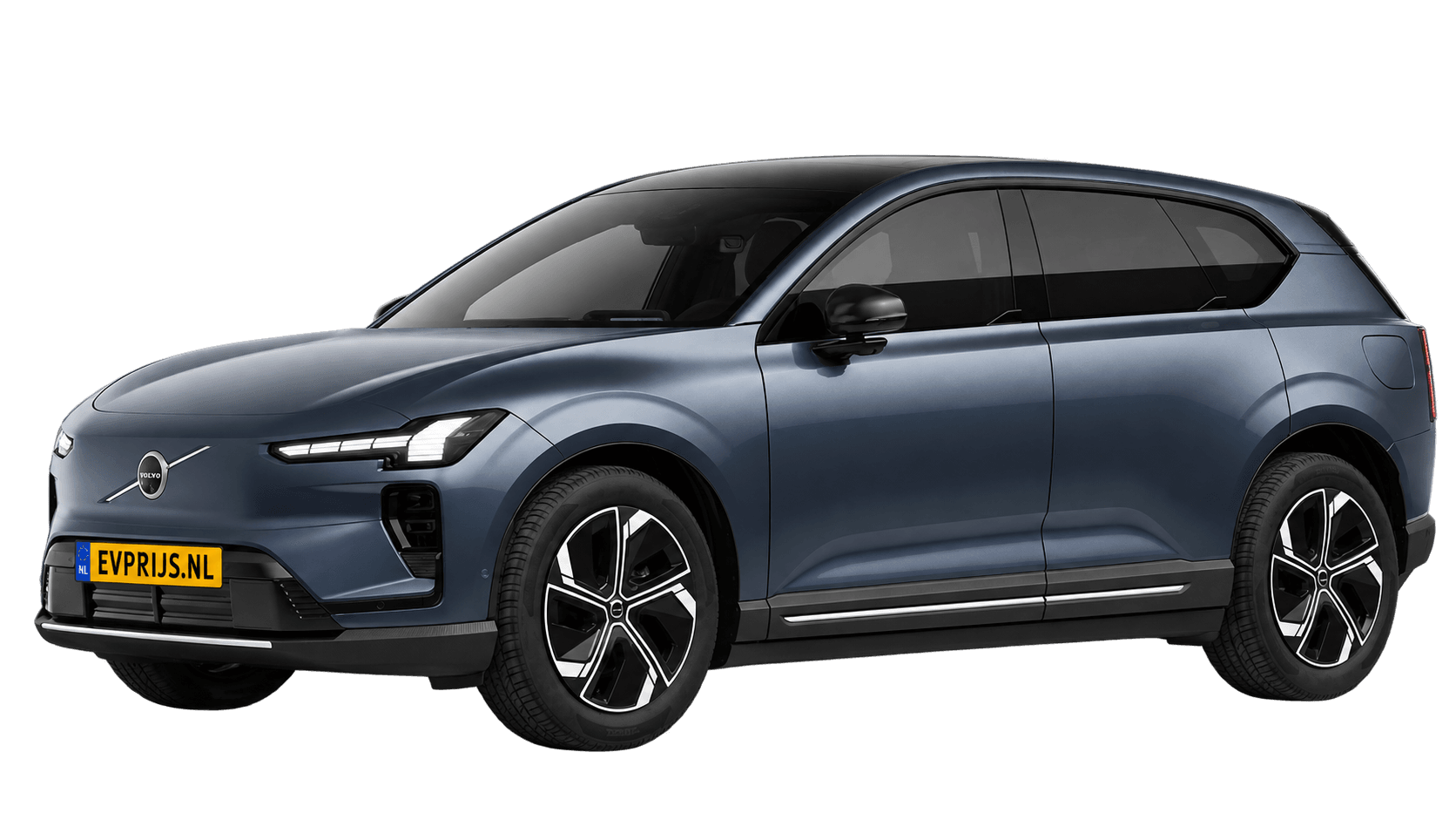 AI-bewerking (Imagegen) van officiële Volvo-configuratorrender: EX60 voor-/zijaanzicht in Denim Blue (Nederlandse configurator, standaardconfiguratie Plus P6); kleurverzadiging kan afwijken; uitvoering en velgen kunnen afwijken, beeld 7