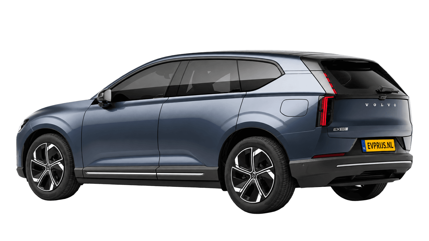 AI-bewerking (Imagegen) van officiële Volvo-configuratorrender: EX60 achter-/zijaanzicht in Denim Blue (Nederlandse configurator, standaardconfiguratie Plus P6); kleurverzadiging kan afwijken; uitvoering en velgen kunnen afwijken, beeld 8