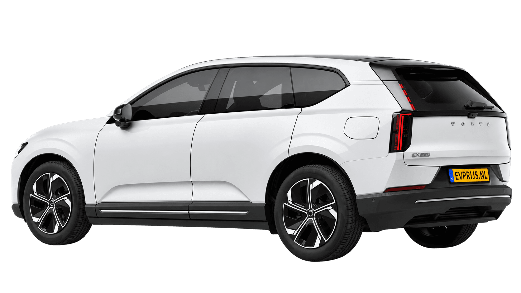AI-bewerking (Imagegen) van officiële Volvo-configuratorrender: EX60 achter-/zijaanzicht in Ice White (Nederlandse configurator, standaardconfiguratie Plus P6); uitvoering en velgen kunnen afwijken, beeld 2