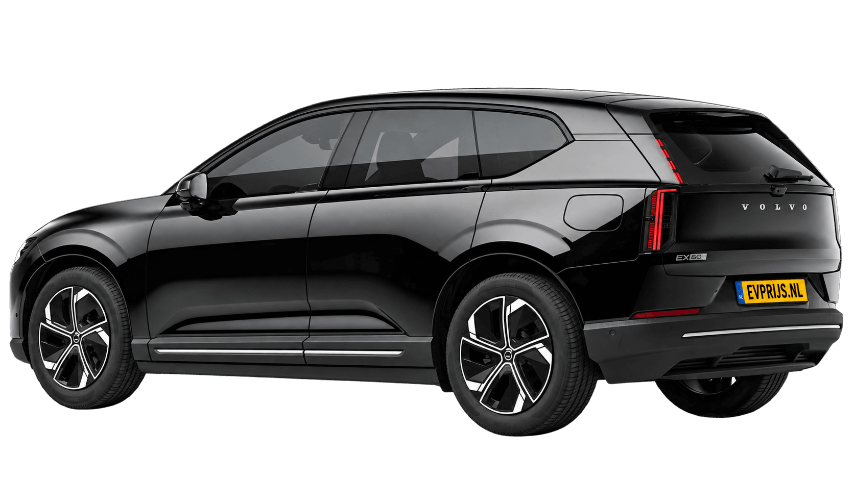 AI-bewerking (Imagegen) van officiële Volvo-configuratorrender: EX60 achter-/zijaanzicht in Onyx Black (Nederlandse configurator, standaardconfiguratie Plus P6); uitvoering en velgen kunnen afwijken, beeld 14