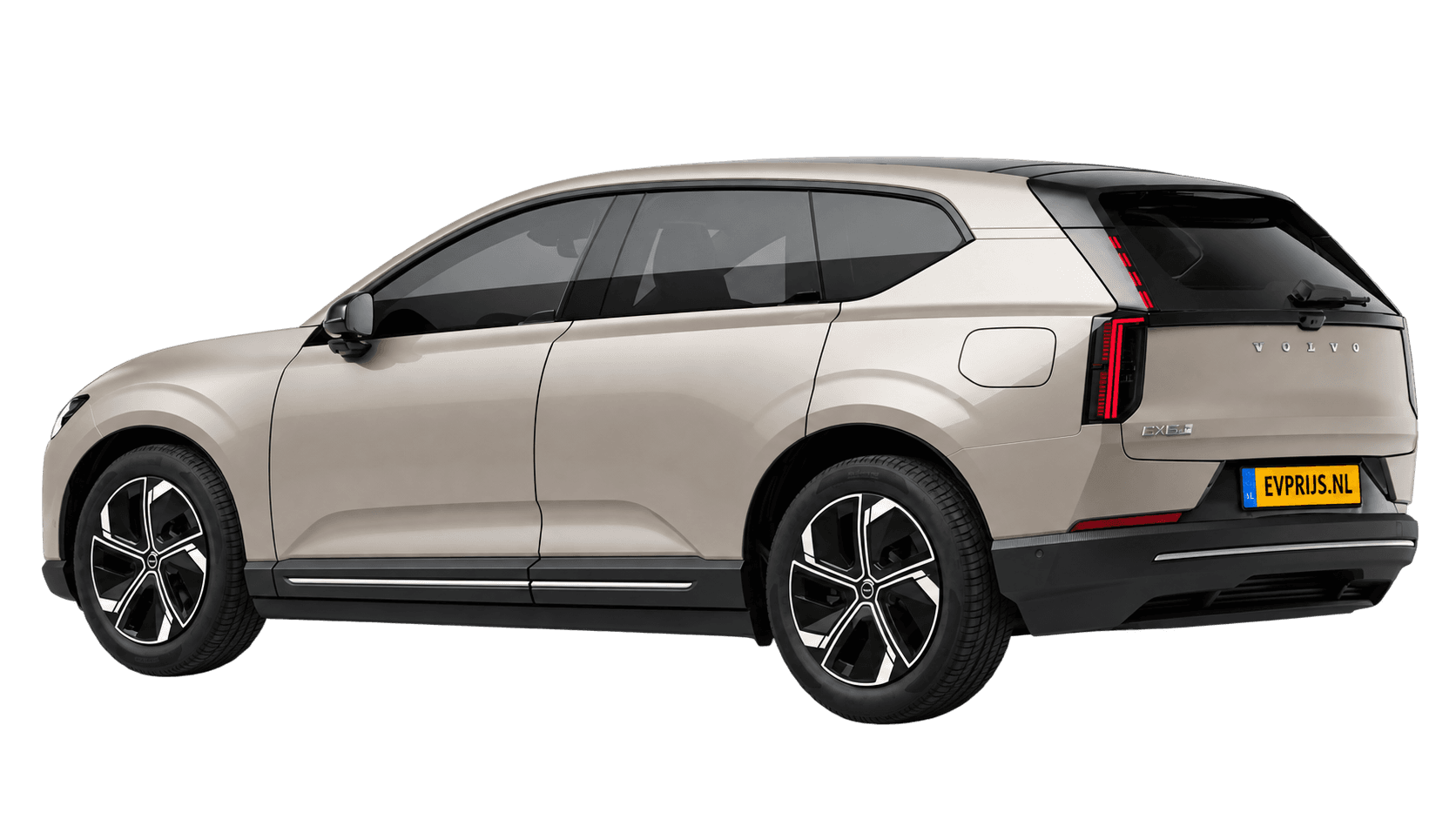 AI-bewerking (Imagegen) van officiële Volvo-configuratorrender: EX60 achter-/zijaanzicht in Sand Dune (Nederlandse configurator, standaardconfiguratie Plus P6); uitvoering en velgen kunnen afwijken, beeld 16