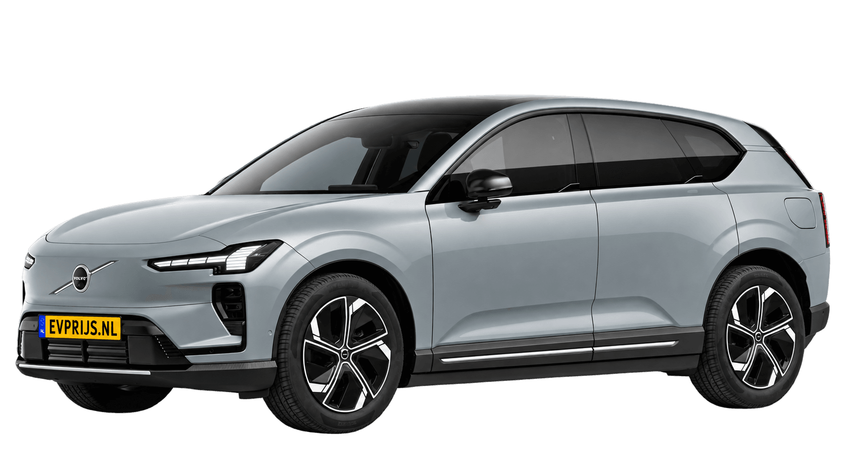 AI-bewerking (Imagegen) van officiële Volvo-configuratorrender: EX60 voor-/zijaanzicht in Vapour Grey (Nederlandse configurator, standaardconfiguratie Plus P6); kleurverzadiging kan afwijken; uitvoering en velgen kunnen afwijken, beeld 17