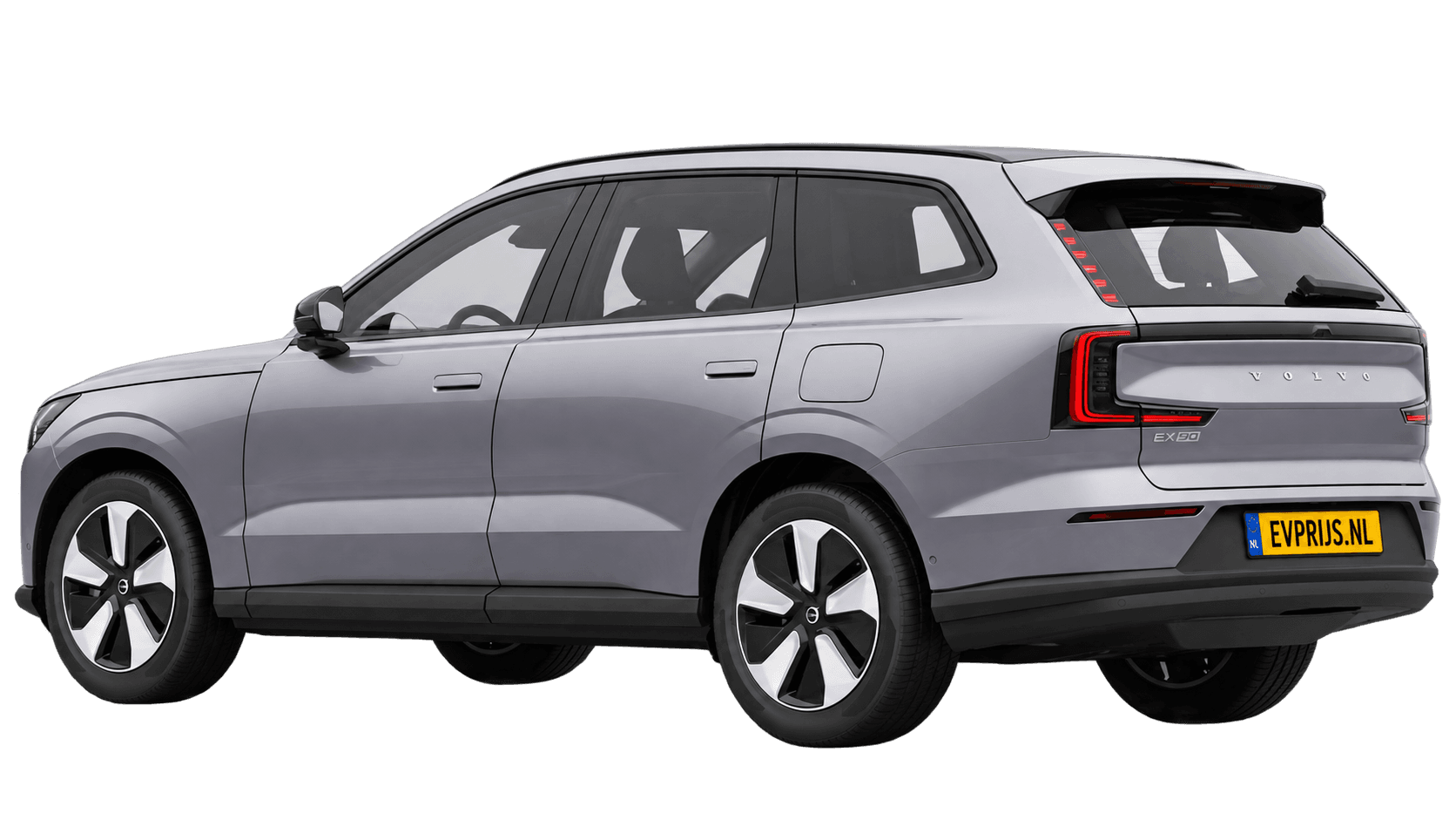 AI-bewerking (Imagegen) van officiële Volvo-configuratorrender: EX90 achter-/zijaanzicht in Aurora Silver (Nederlandse configurator, standaardconfiguratie Single Motor); uitvoering en velgen kunnen afwijken, beeld 4
