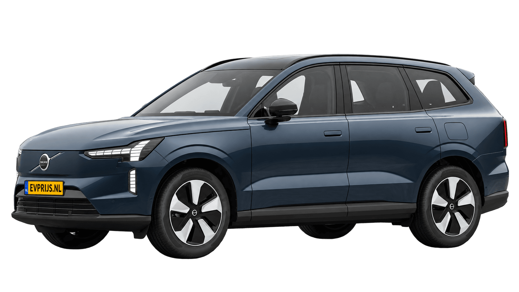 AI-bewerking (Imagegen) van officiële Volvo-configuratorrender: EX90 voor-/zijaanzicht in Denim Blue (Nederlandse configurator, standaardconfiguratie Single Motor); uitvoering en velgen kunnen afwijken, beeld 7