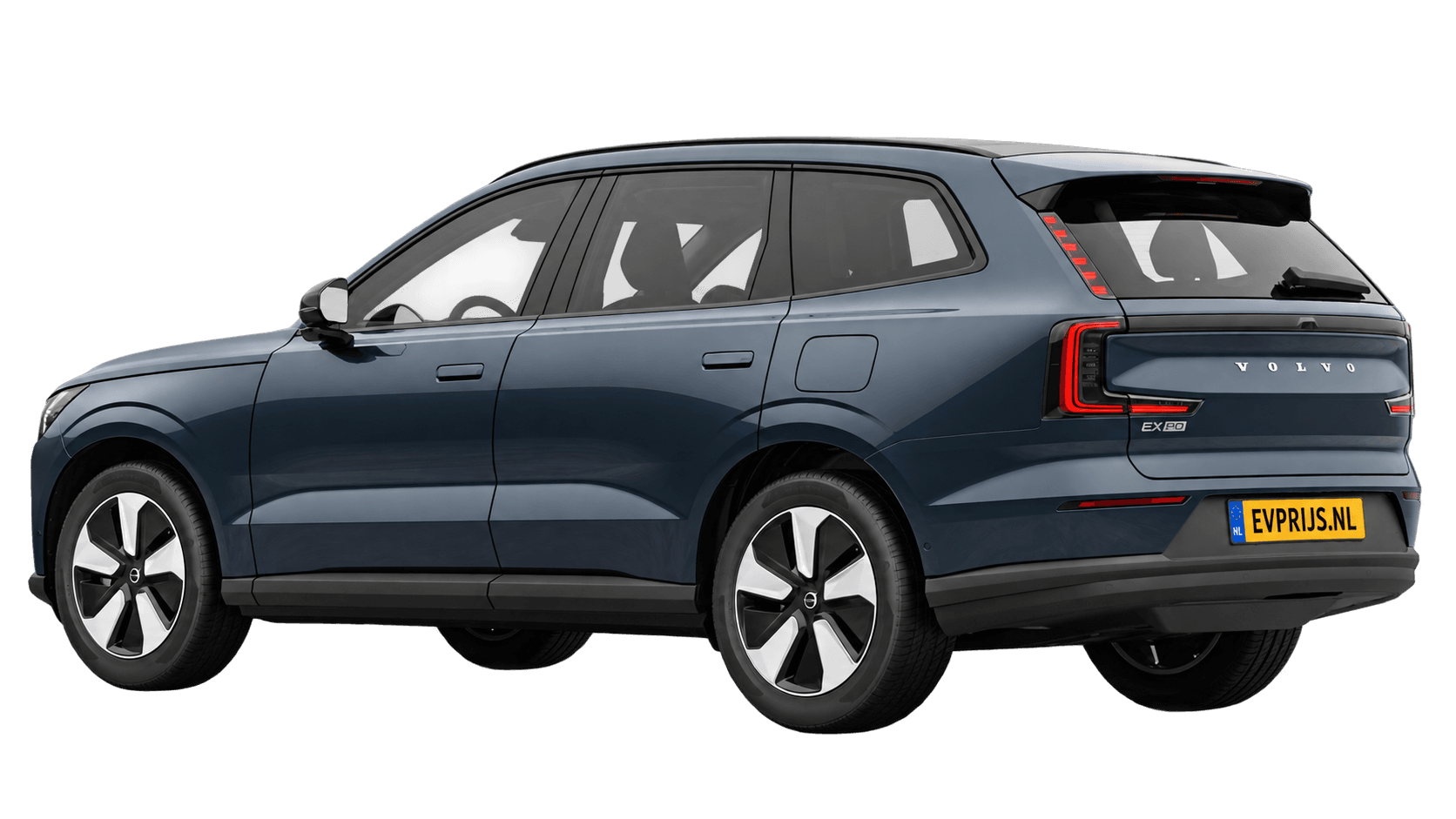 AI-bewerking (Imagegen) van officiële Volvo-configuratorrender: EX90 achter-/zijaanzicht in Denim Blue (Nederlandse configurator, standaardconfiguratie Single Motor); uitvoering en velgen kunnen afwijken, beeld 8