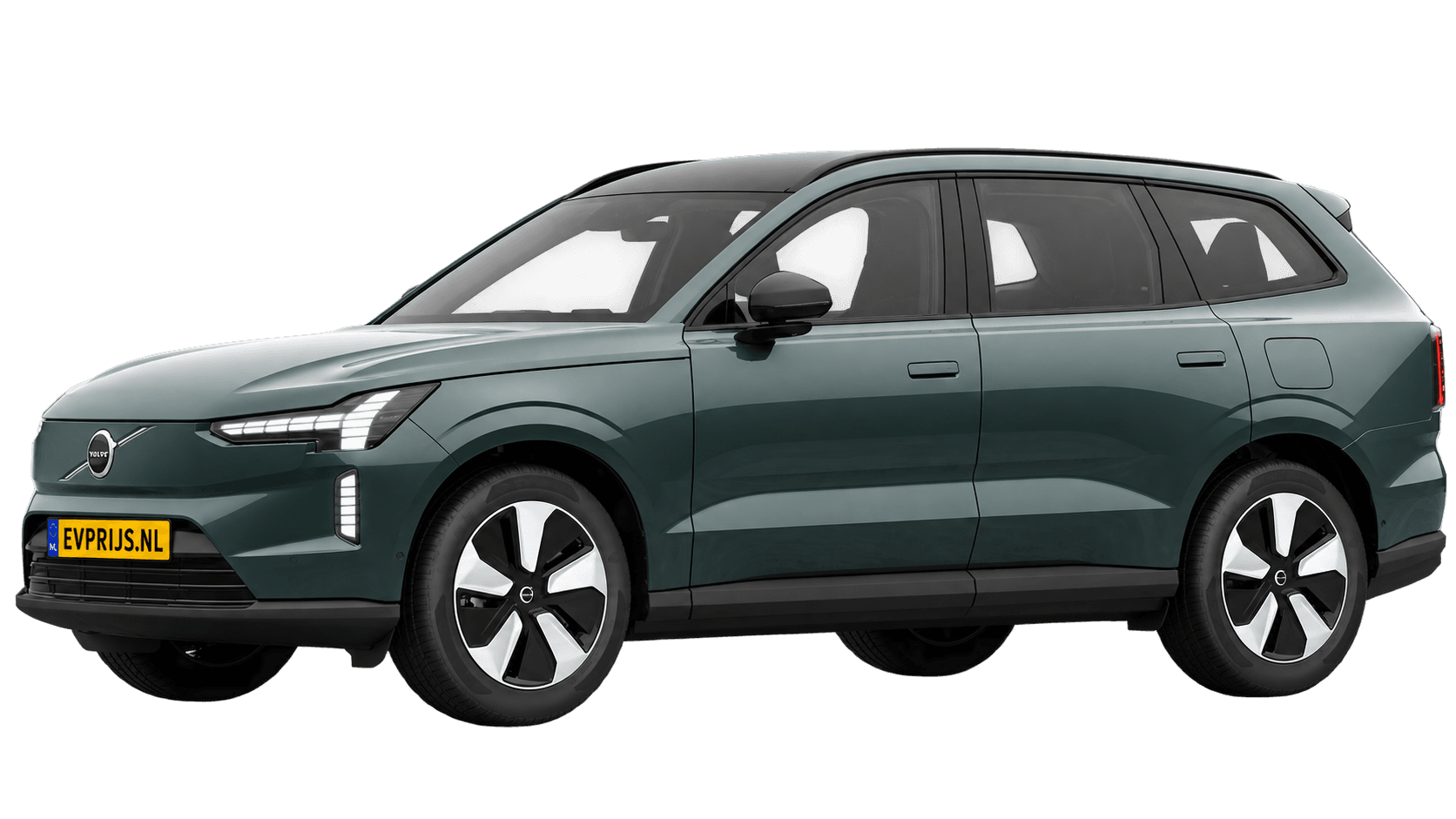 AI-bewerking (Imagegen) van officiële Volvo-configuratorrender: EX90 voor-/zijaanzicht in Forest Lake (Nederlandse configurator, standaardconfiguratie Single Motor); uitvoering en velgen kunnen afwijken, beeld 9