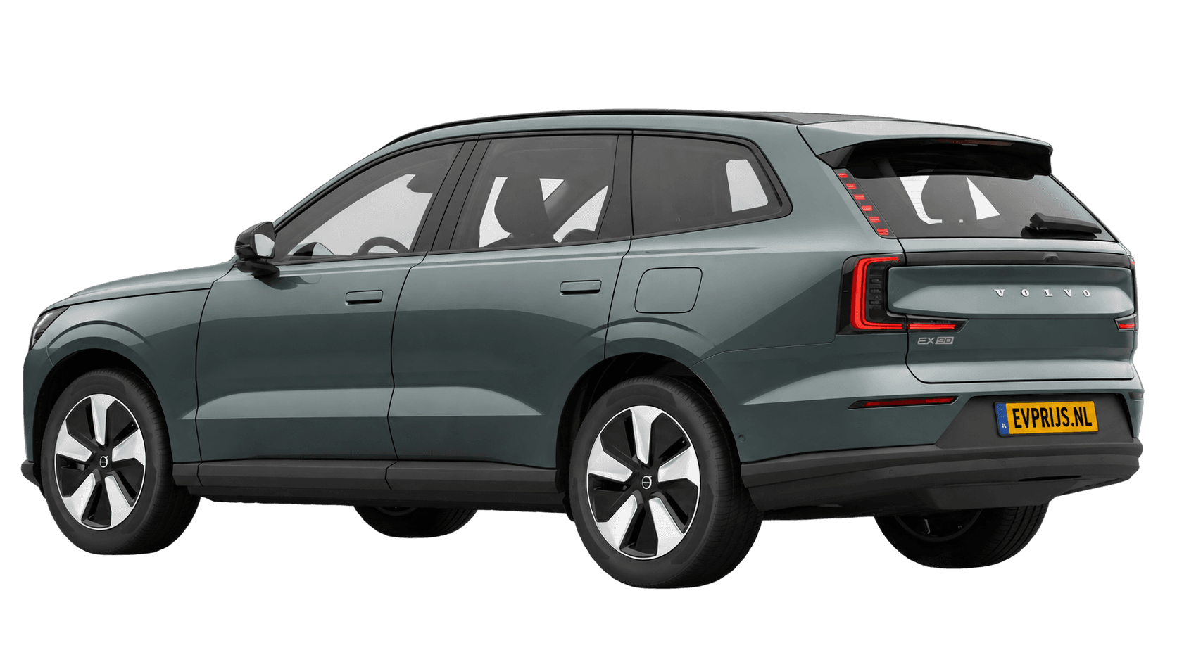 AI-bewerking (Imagegen) van officiële Volvo-configuratorrender: EX90 achter-/zijaanzicht in Forest Lake (Nederlandse configurator, standaardconfiguratie Single Motor); uitvoering en velgen kunnen afwijken, beeld 10