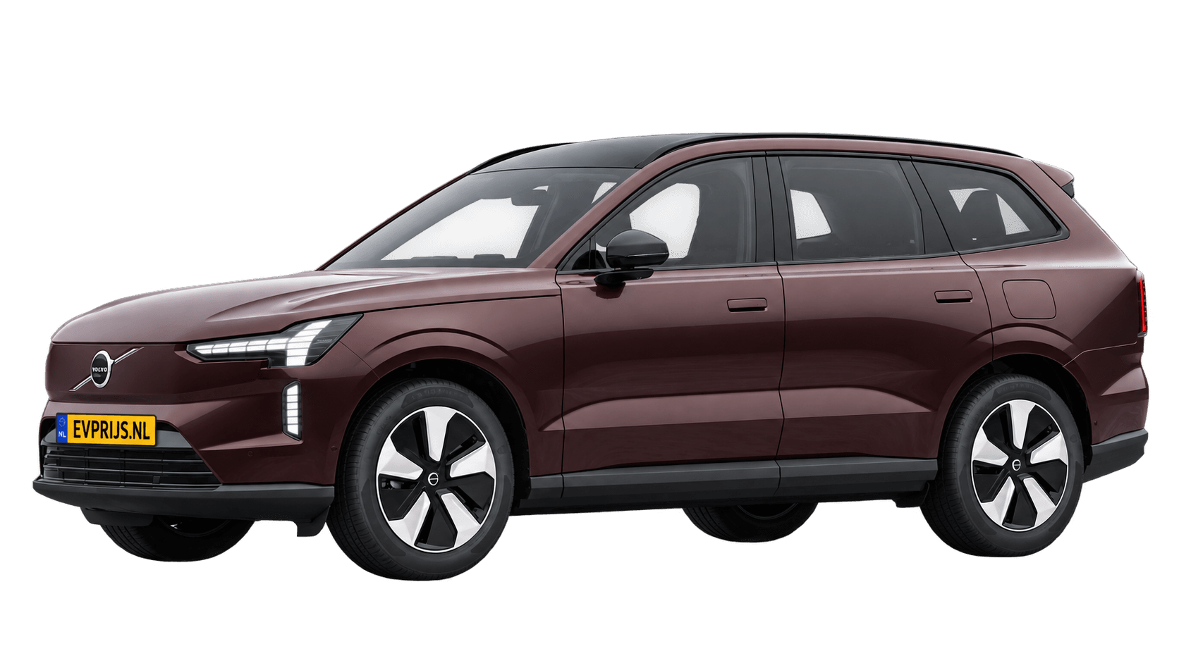 AI-bewerking (Imagegen) van officiële Volvo-configuratorrender: EX90 voor-/zijaanzicht in Mulberry Red (Nederlandse configurator, standaardconfiguratie Single Motor); kleurverzadiging kan afwijken; uitvoering en velgen kunnen afwijken, beeld 11