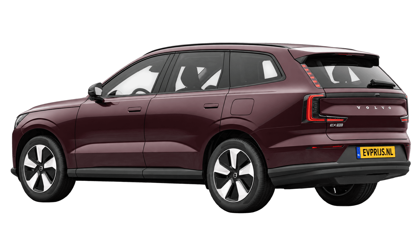 AI-bewerking (Imagegen) van officiële Volvo-configuratorrender: EX90 achter-/zijaanzicht in Mulberry Red (Nederlandse configurator, standaardconfiguratie Single Motor); uitvoering en velgen kunnen afwijken, beeld 12