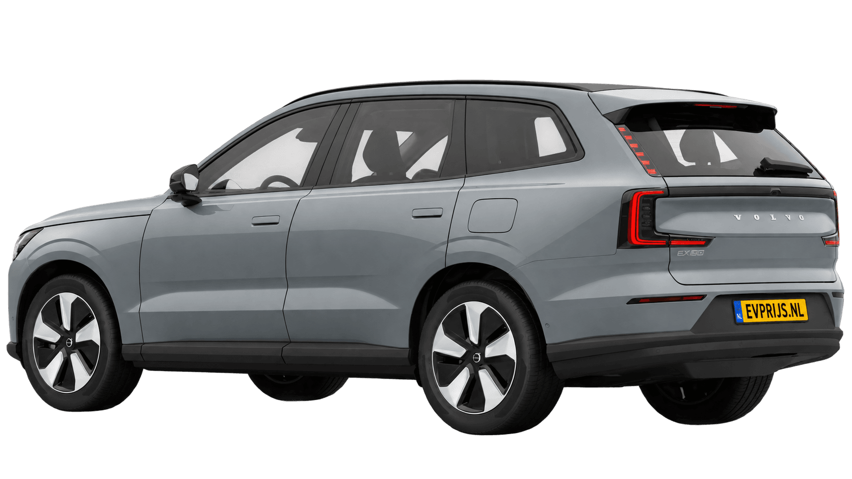 AI-bewerking (Imagegen) van officiële Volvo-configuratorrender: EX90 achter-/zijaanzicht in Vapour Grey (Nederlandse configurator, standaardconfiguratie Single Motor); uitvoering en velgen kunnen afwijken, beeld 2
